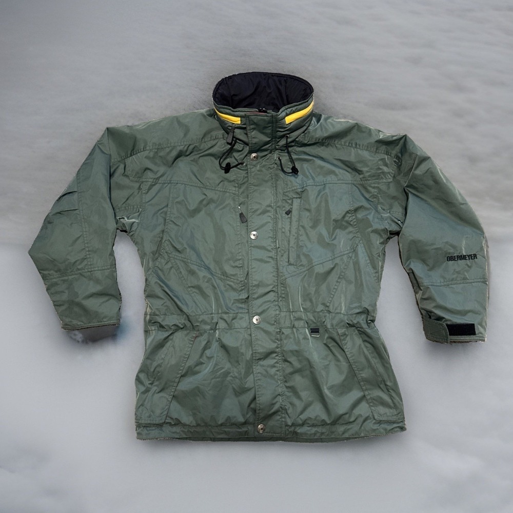 Vtg Obermeyer Bighorn Ski Jacket Mens M Gray Green Retro Hood Snowboard Coat 90s